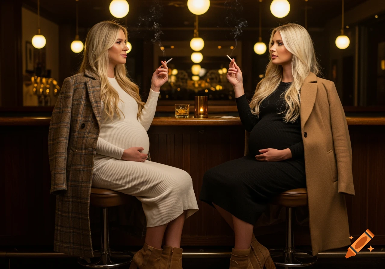 Two stylish pregnant women smoking cigarettes at a dimly lit bar, dressed in coats and midi dresses.