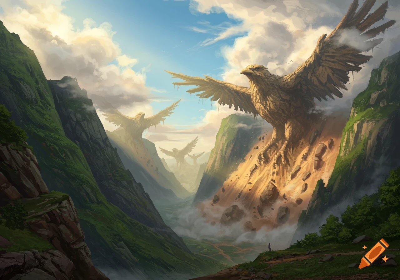 Gigantic bird-shaped rock formations rise from a landslide in a misty, lush valley under a cloudy sky, with a small figure observing.