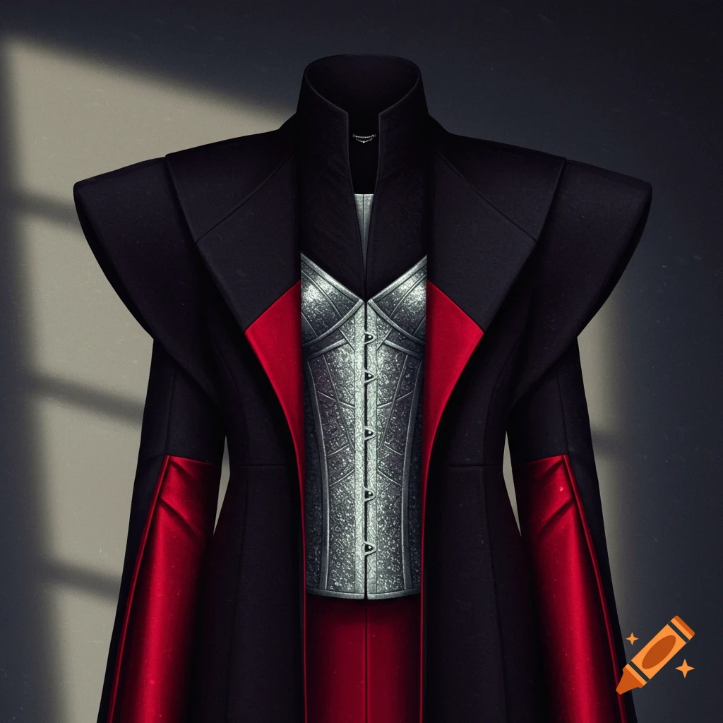 Dramatic black coat with red lining and a silver, textured corset-like front piece, against a shadowed background.