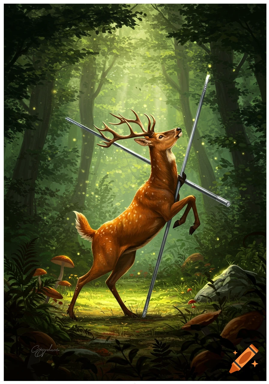 An illustrated deer with antlers stands on its hind legs, holding two silver poles in a sunlit, magical forest with glowing lights.