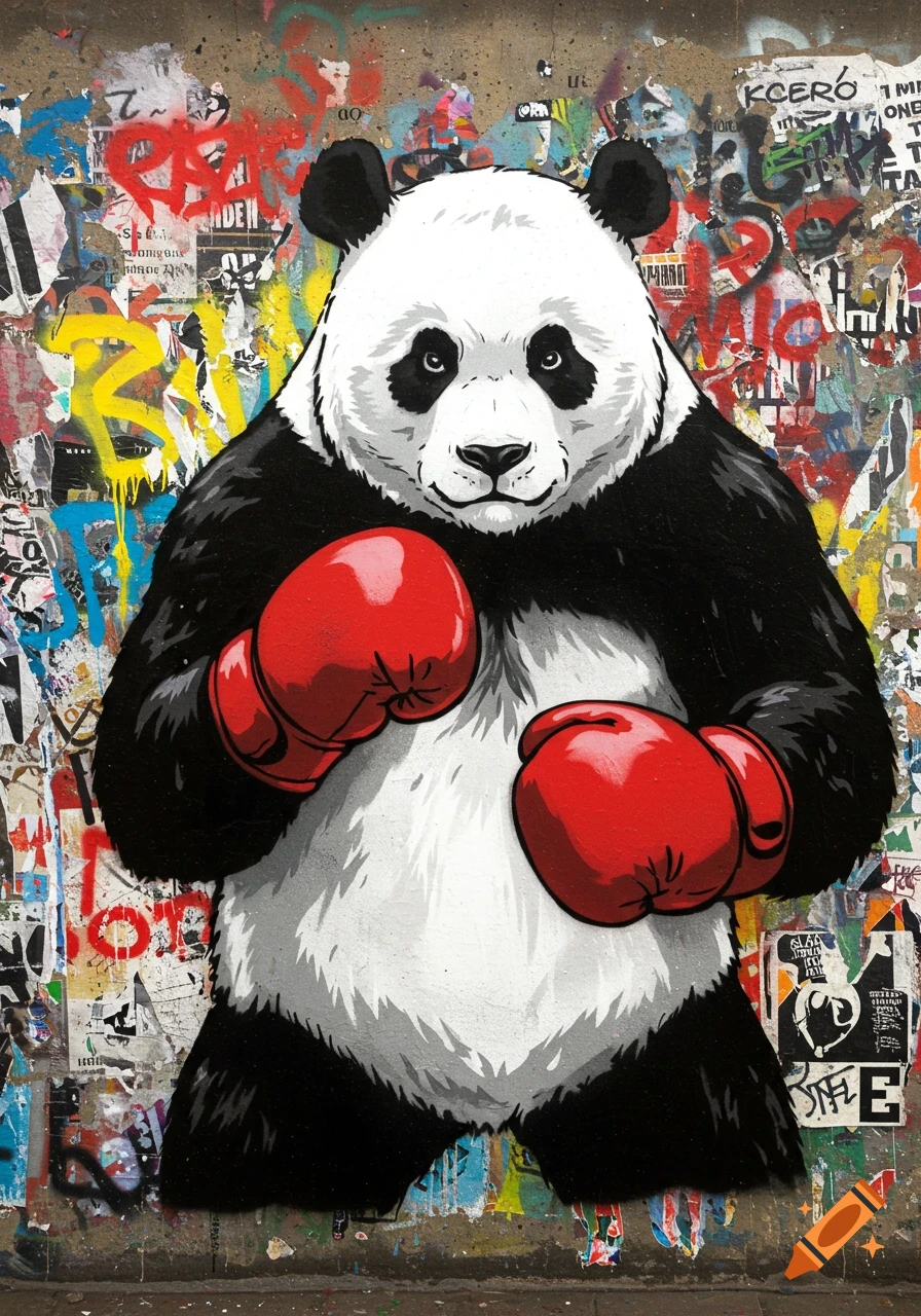 A fierce panda in red boxing gloves, rendered in a bold stencil style against a gritty, graffiti-covered subway wall.