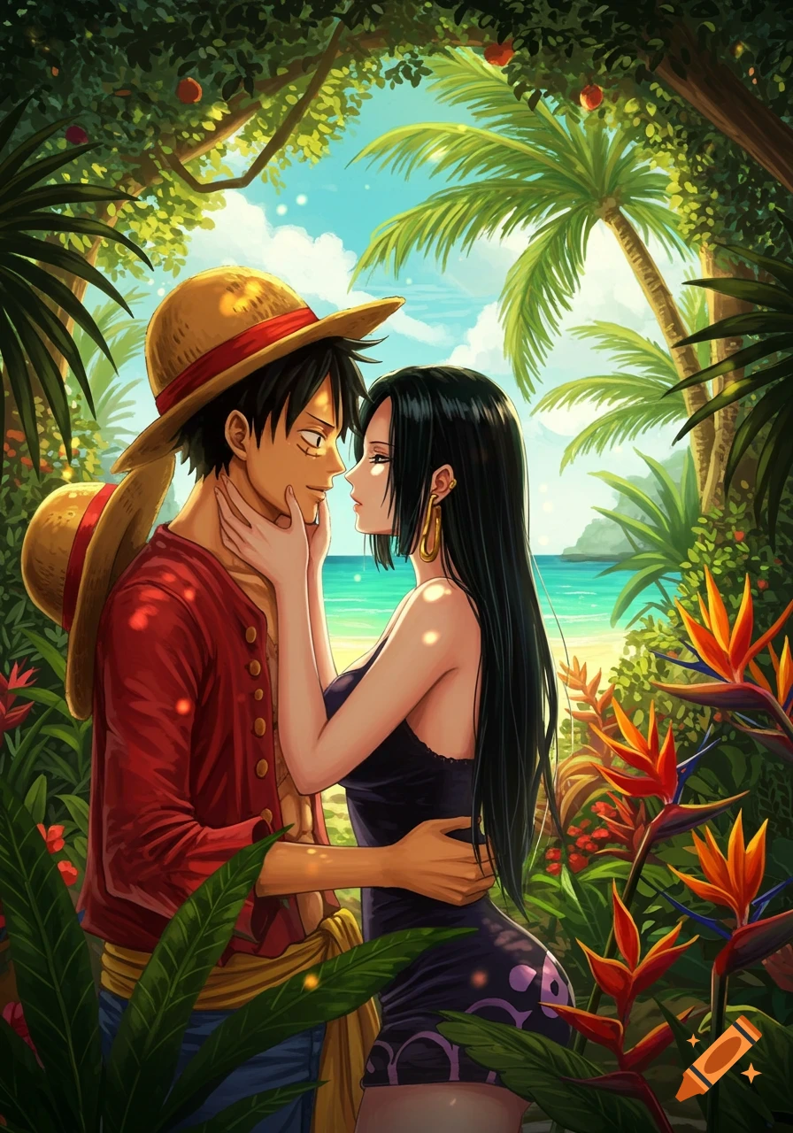 Anime illustration of Luffy and Boa Hancock embracing intimately in a lush tropical jungle with a beach in the background.