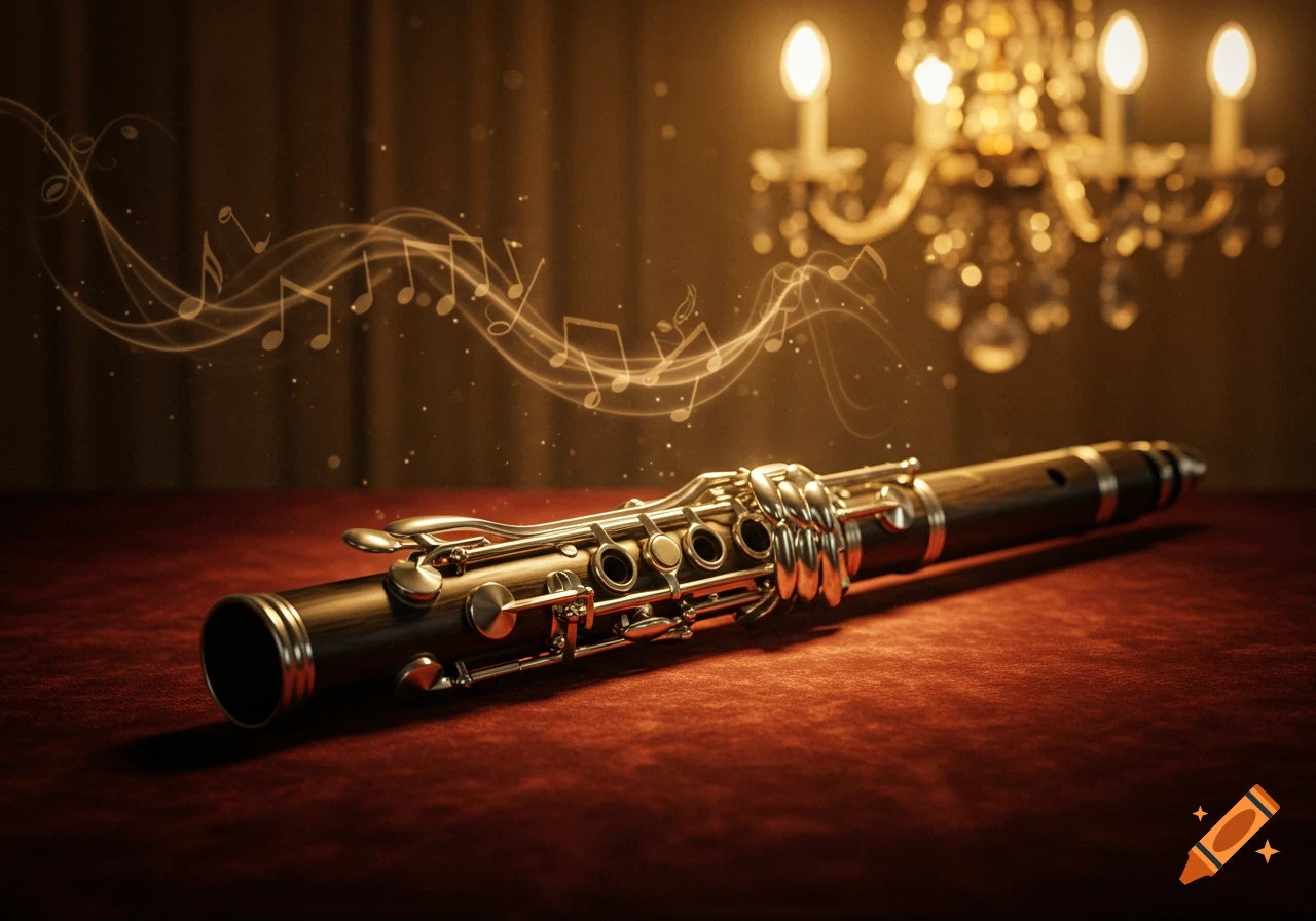 A detailed clarinet with silver keys rests on a red surface, surrounded by glowing musical notes and a blurred chandelier in the background.