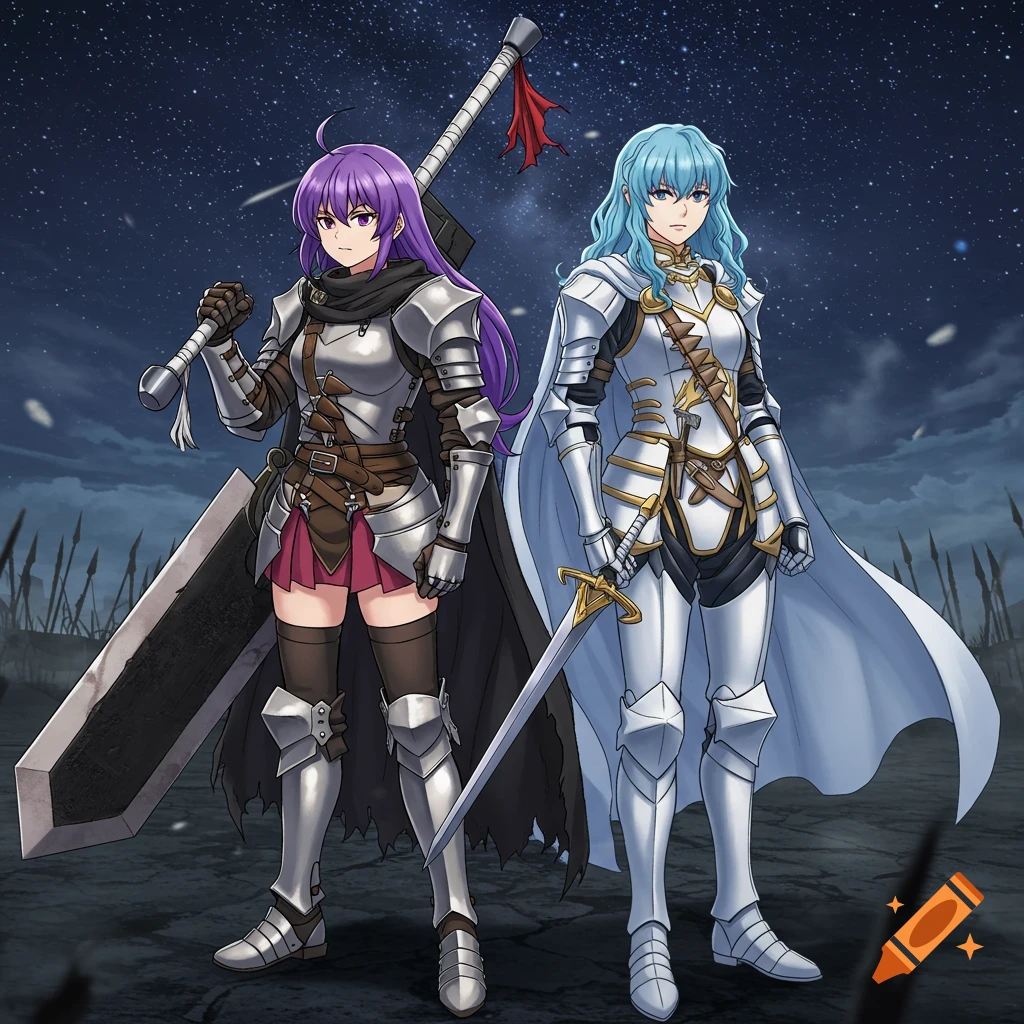 Two anime-style female warriors in plate armor, one with purple hair and a giant sword, the other blue-haired with a sword, starry night.