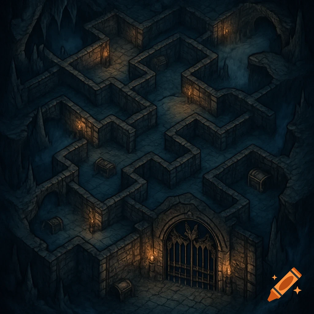 Isometric view of a dark fantasy dungeon maze made of stone, illuminated by torches, with treasure chests and an ornate gate.