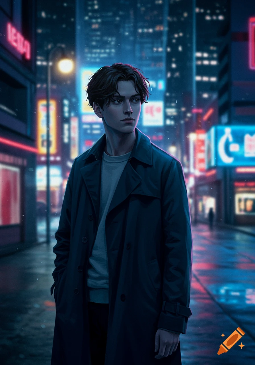 A young man with dark hair in a dark trench coat stands on a neon-lit city street at night in an anime-style illustration.