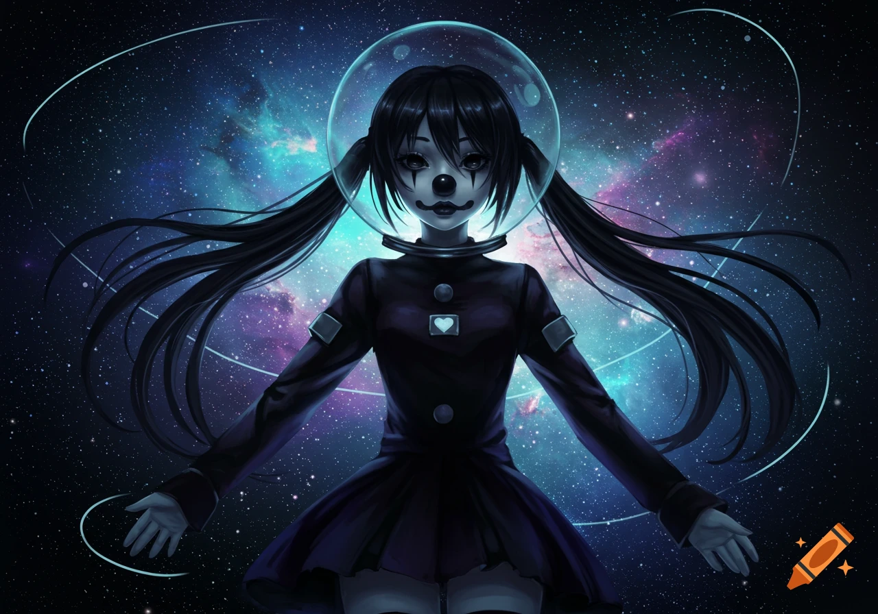 Anime girl with black pigtails and clown makeup wearing a dark dress and a clear astronaut helmet in a starry galaxy.