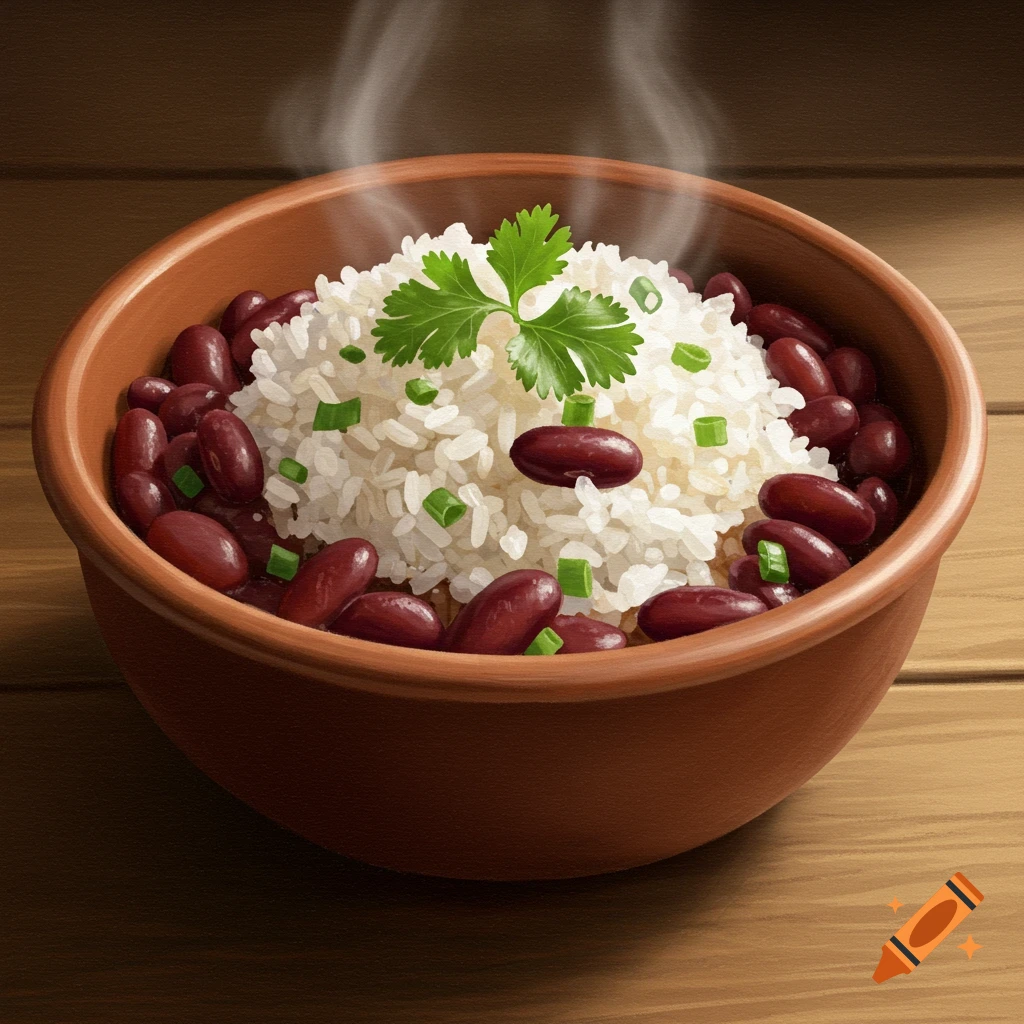 A steaming bowl of white rice topped with green onions and parsley, surrounded by red kidney beans on a wooden table.