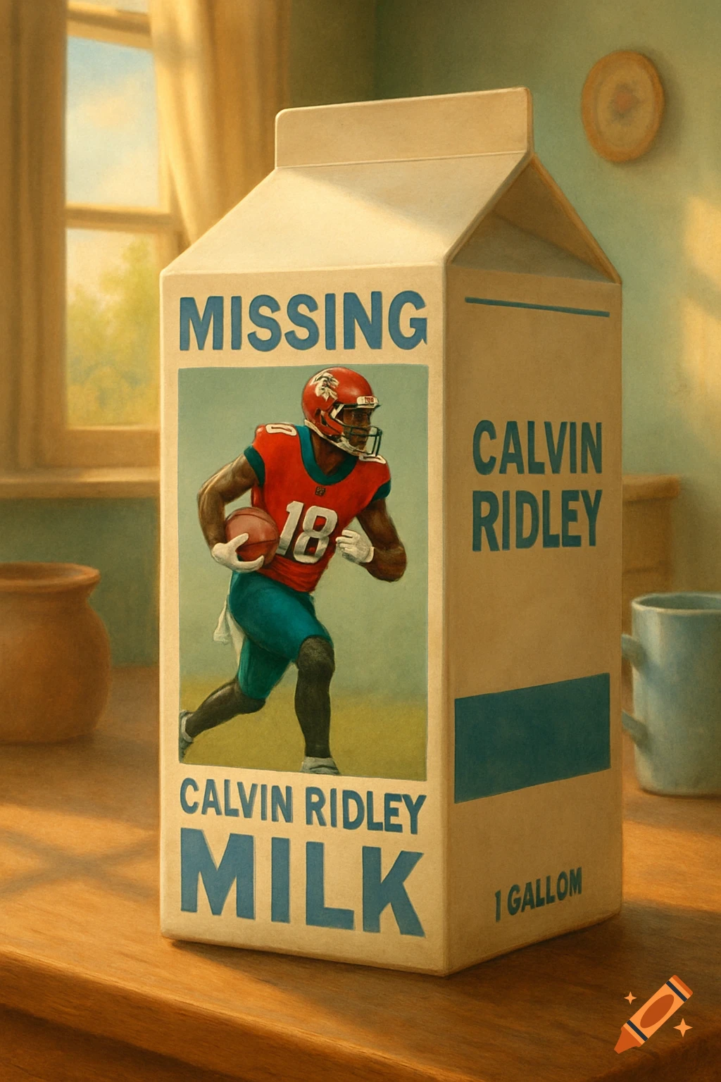 A painting of a missing person milk carton featuring football player Calvin Ridley running with a ball, on a wooden table in a sunlit room.