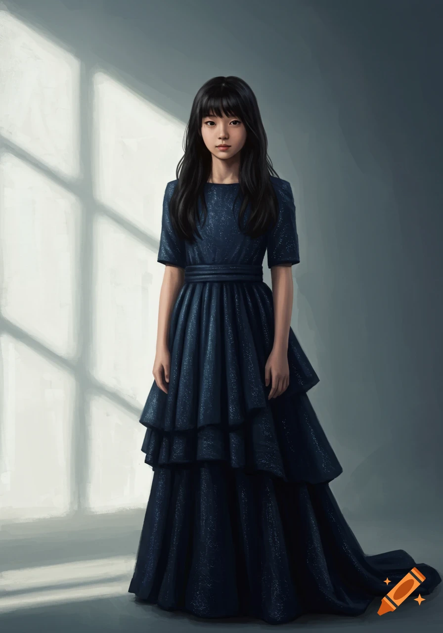 A digital painting of a young girl with long black hair in a dark blue tiered dress, standing in a room with window shadows.