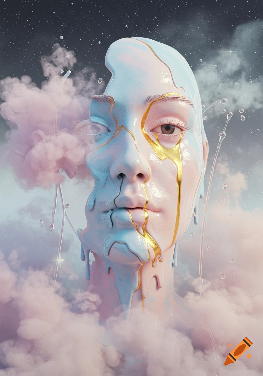 Surreal portrait of a melting face, pastel pink and blue with gold cracks, surrounded by pink clouds and stars.