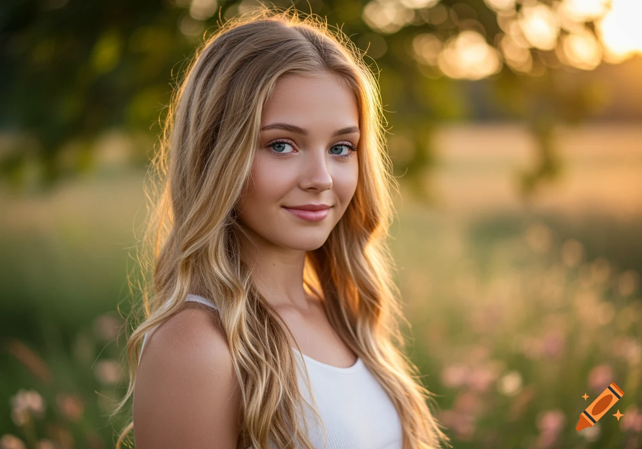 A photorealistic portrait of a smiling young blonde girl with blue eyes and long wavy hair, illuminated by golden hour light, in an outdoor setting.