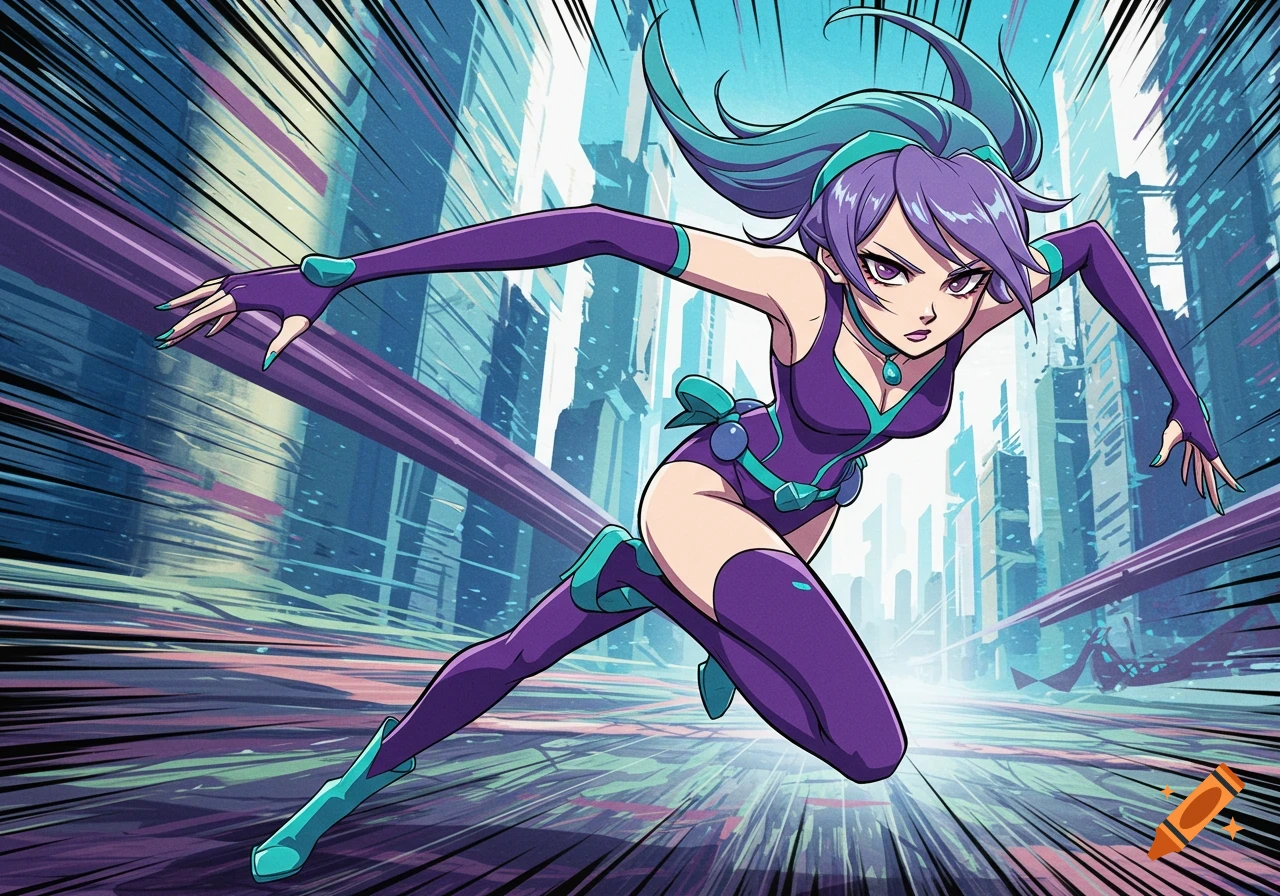 Anime-style female character with purple hair and turquoise accents leaping forward in a dynamic pose against a futuristic city background.