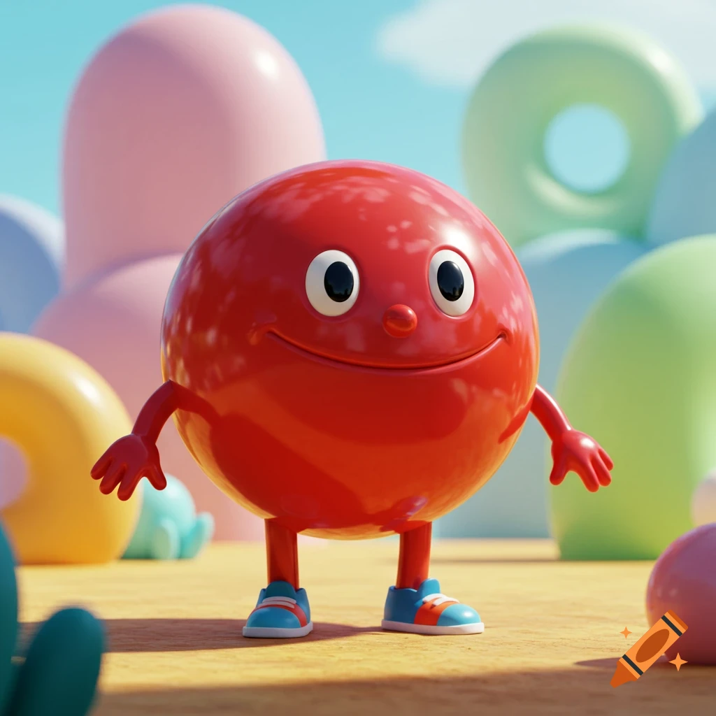 A cheerful, red, spherical cartoon character with a smiling face and blue sneakers stands on a sandy ground amidst soft, colorful shapes.