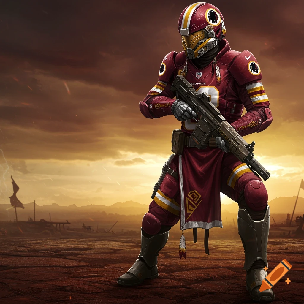 A futuristic Helldiver soldier in a red and gold uniform themed after the Washington Redskins, holding a rifle in a desolate landscape.