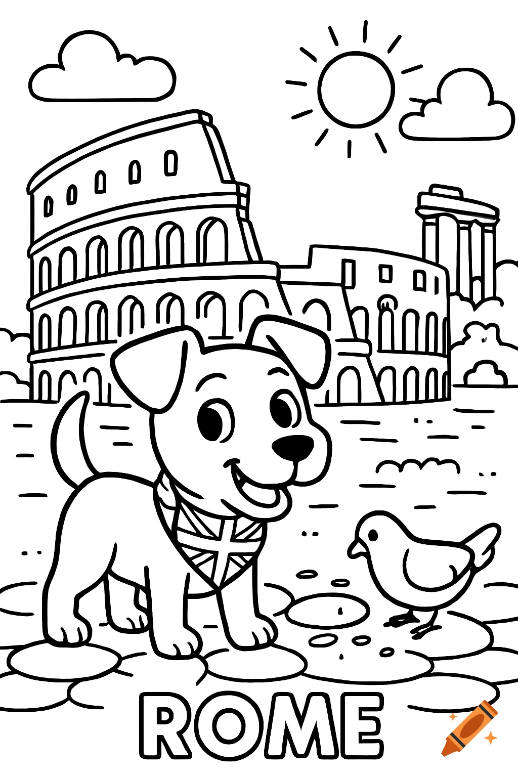 A black and white coloring page of a cartoon Jack Russell dog and a bird in front of the Colosseum in Rome, with "ROME" written below.