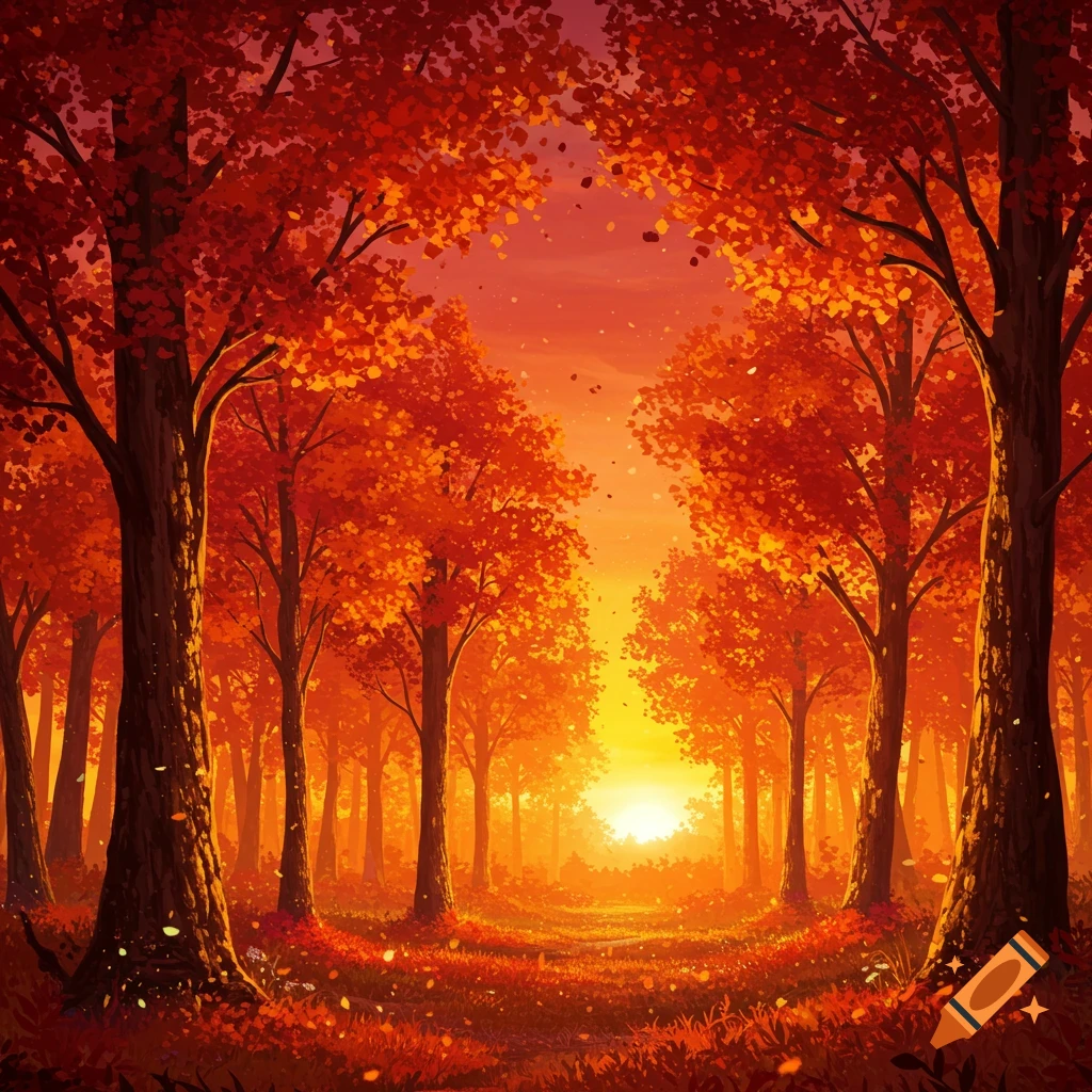 Vibrant autumn forest at sunset with red and orange leaves and a golden glow.