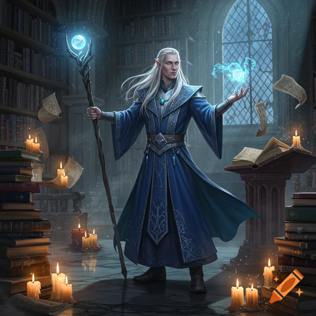 A white-haired elf wizard in a blue robe holds a glowing staff and casts a blue spell in a dimly lit, candlelit library.