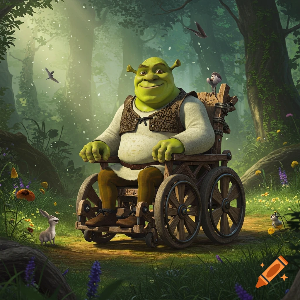 Shrek, the green ogre, smiles from a wooden wheelchair in a sunlit, lush green forest with small animals nearby.