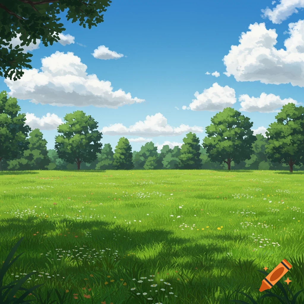 Anime style drawing of a bright green meadow with wildflowers, surrounded by lush trees under a clear blue sky with white clouds.
