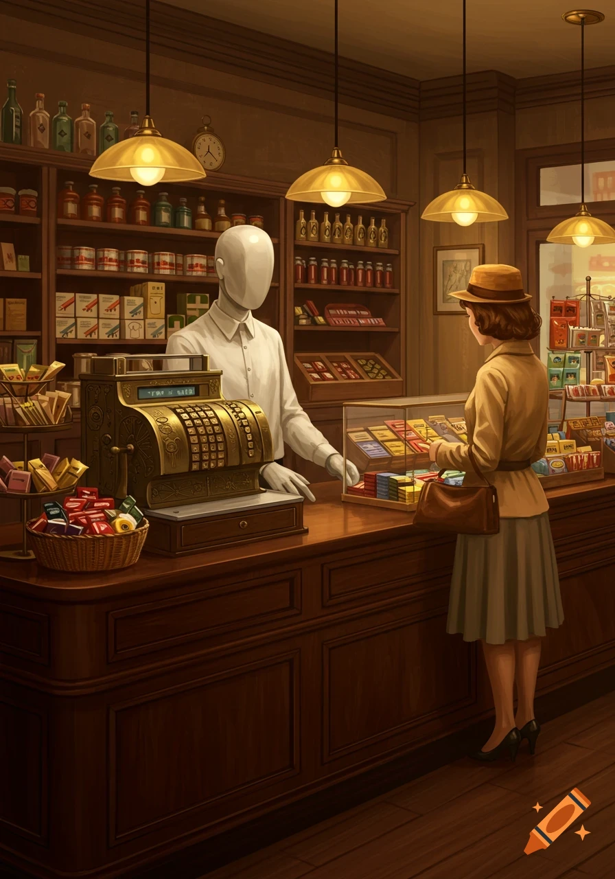 An illustration of a customer interacting with a faceless cashier at a wooden counter in a vintage general store filled with shelves of products.