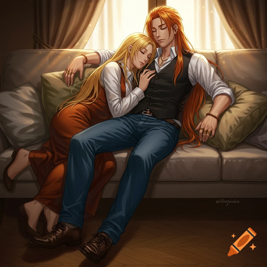 Anime couple on a couch, a blonde woman rests on the chest of a man with long orange hair, in a sunlit room.