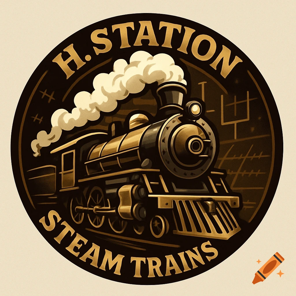 A vintage-style circular logo featuring a steam train with smoke, surrounded by the text 'H. Station Steam Trains'.