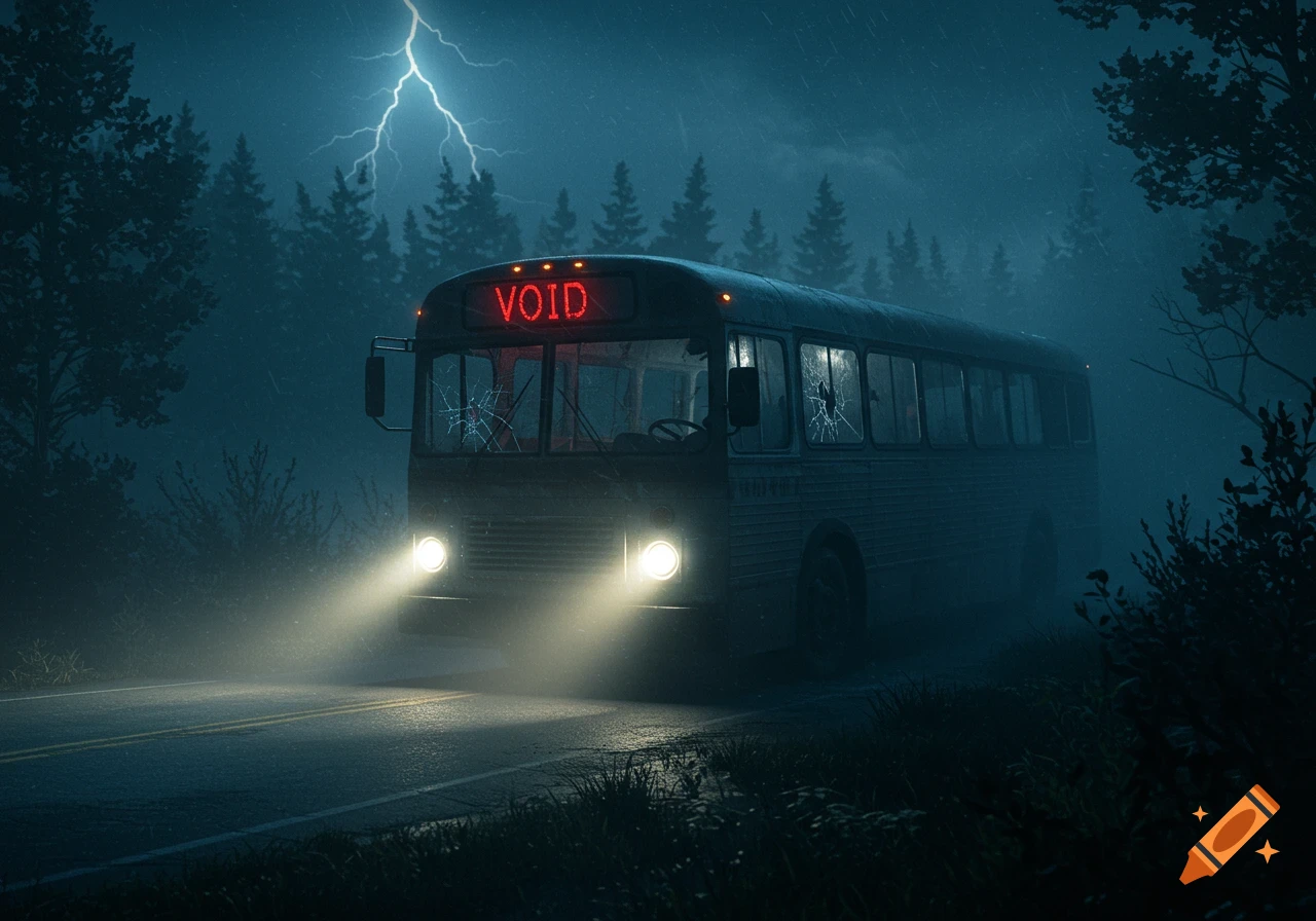 An old, ominous bus with 'VOID' on its sign and broken windows drives down a dark, wet forest road at night under a lightning storm.