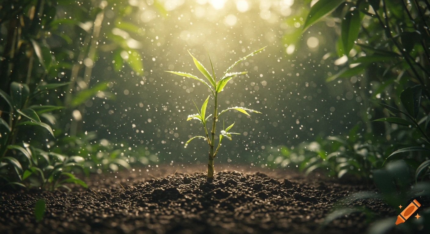 A young bamboo shoot sprouts from dark soil under a radiant sun, illuminated by falling rain in a lush forest.