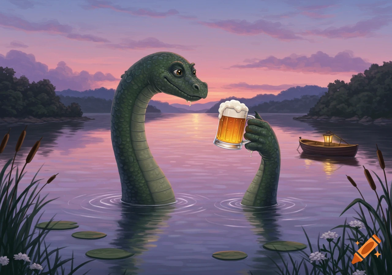 An illustrated Loch Ness Monster emerging from a lake at sunset, holding a frothy mug of beer.