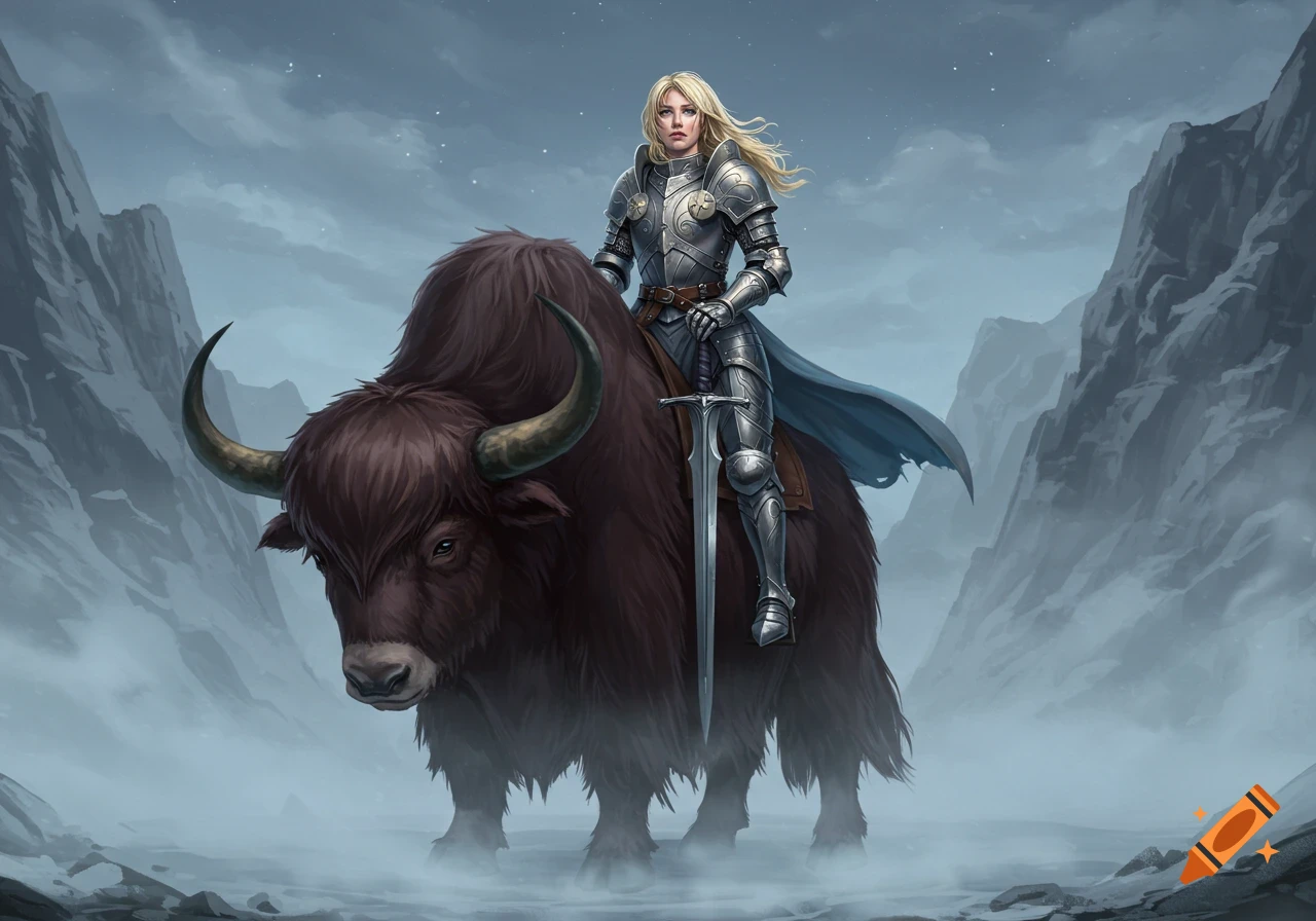 A blonde female paladin in shining plate armor rides a large, shaggy brown yak through a misty, mountainous landscape, holding a sword.