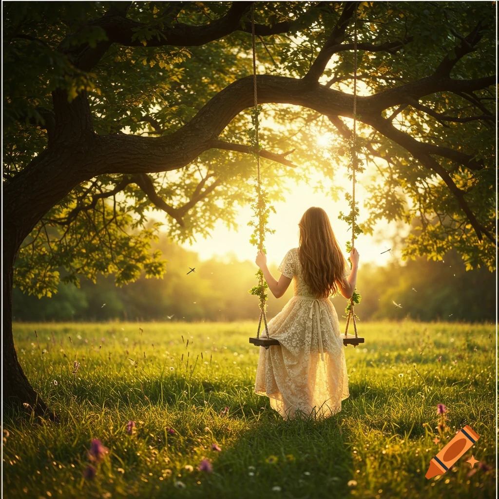 A girl on a swing under a large tree in a sunlit, grassy field at sunset, seen from behind. Photorealistic.