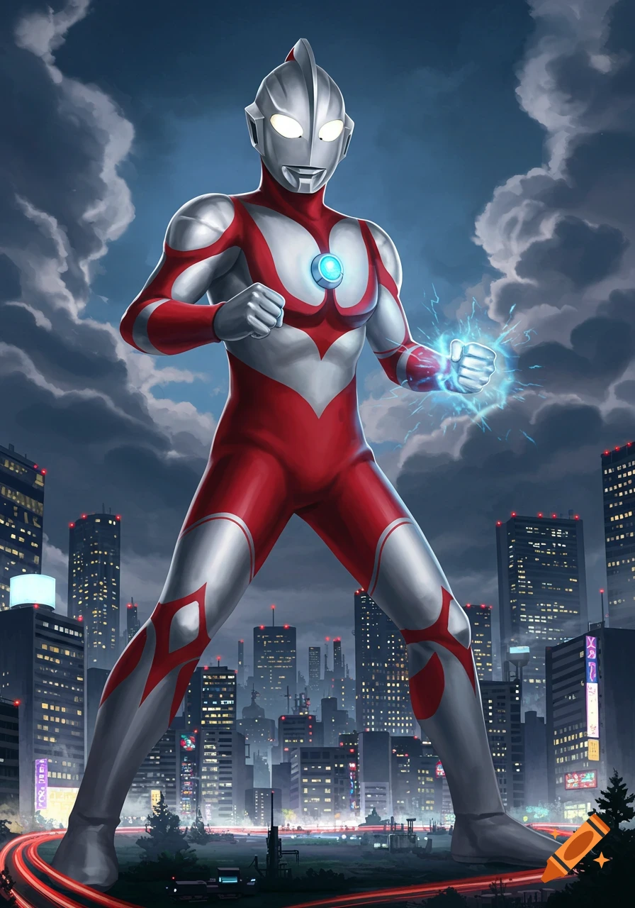 Ultraman stands in a city at dusk, his red and silver suit glowing, blue energy emanating from his fist.
