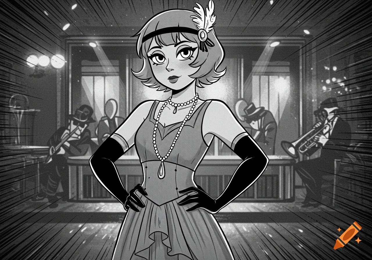 A black and white manga-style illustration of a flapper woman with a feather headband and pearl necklace, in a jazz club.