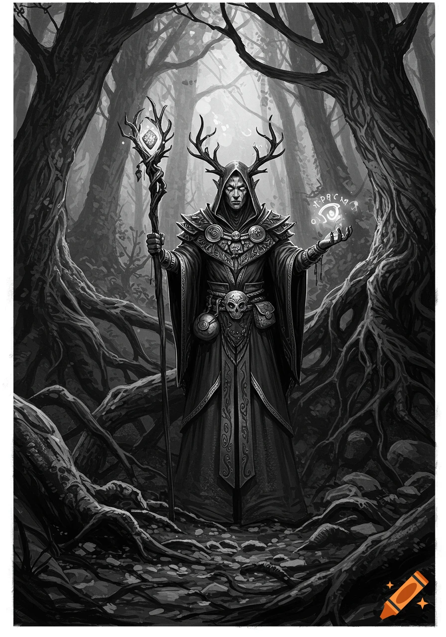 A black and white illustration of an antlered druid holding a staff and glowing runes in a dark, gnarled forest.