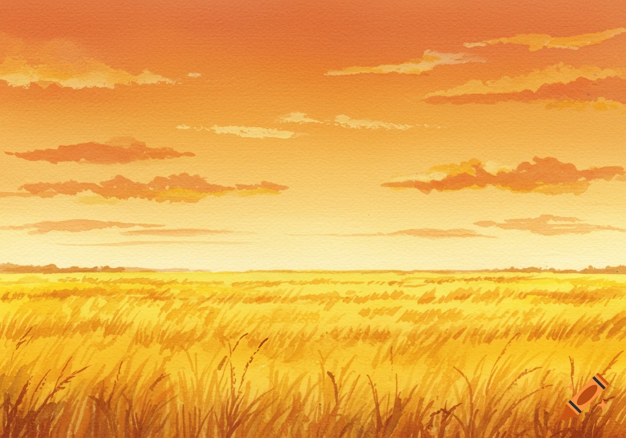 Watercolor painting of golden fields under a warm, orange-yellow sunset sky with scattered clouds.