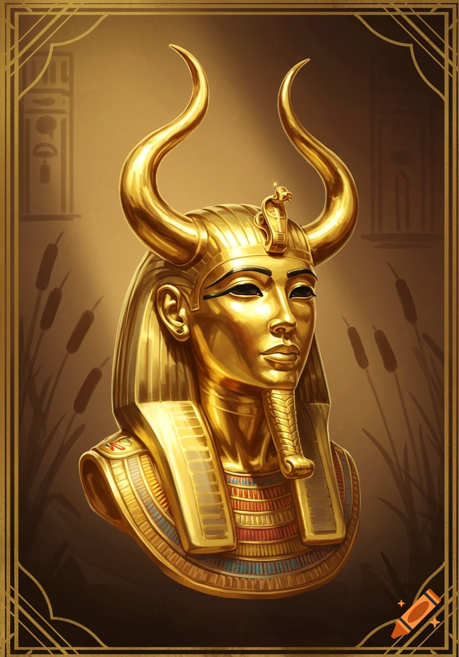 Golden bust of an Egyptian deity with horns, cobra headdress, and ceremonial beard against a warm, ornate background.