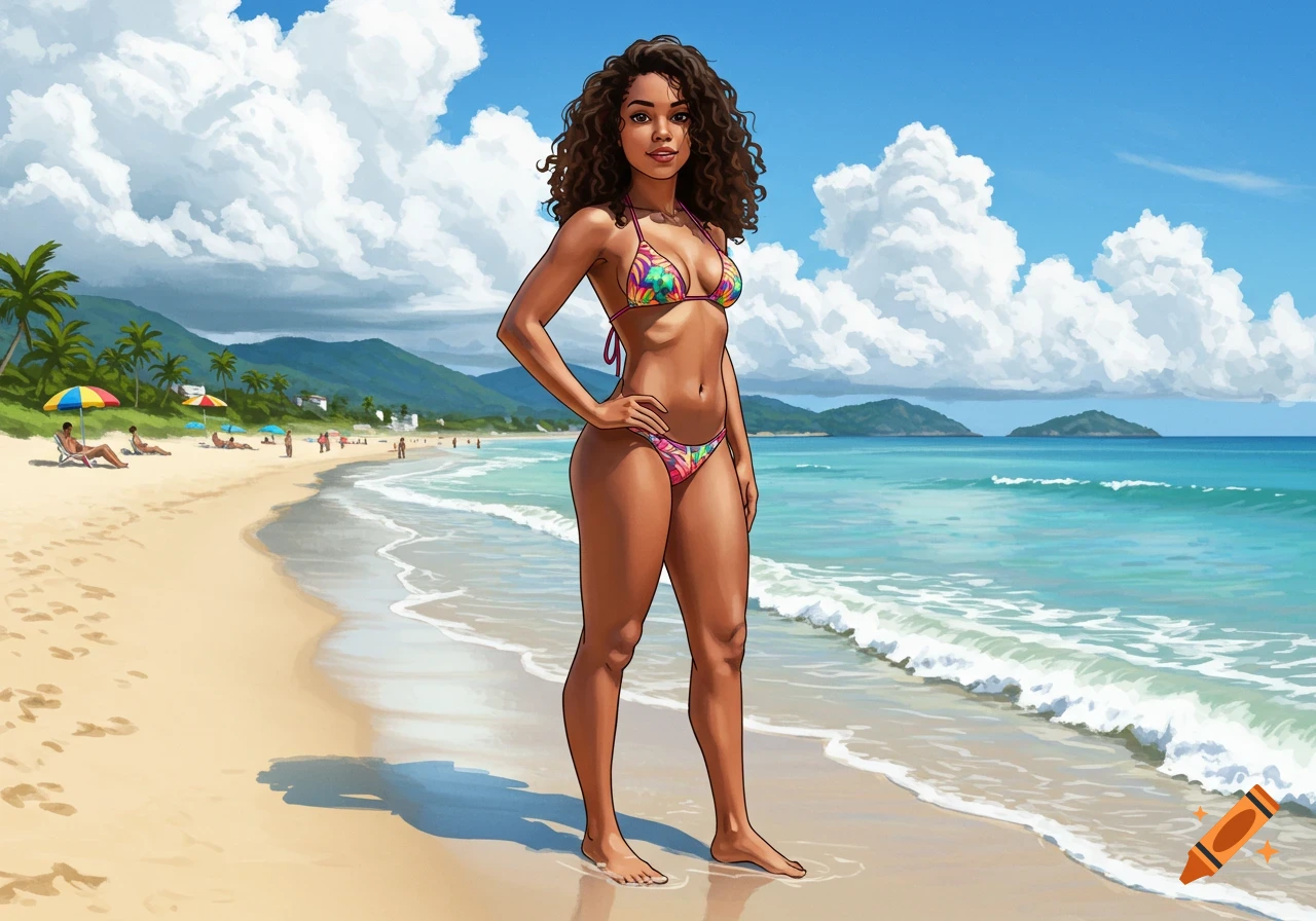 Illustrative image of a woman in a colorful bikini standing on a sandy beach with palm trees, blue sky, and ocean waves.