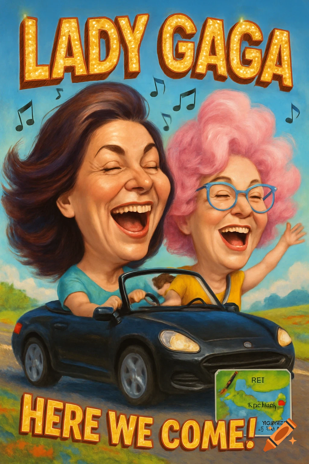 Caricature of two women with big heads, laughing and singing in a convertible car, with the text 'Lady Gaga Here We Come!' and music notes.