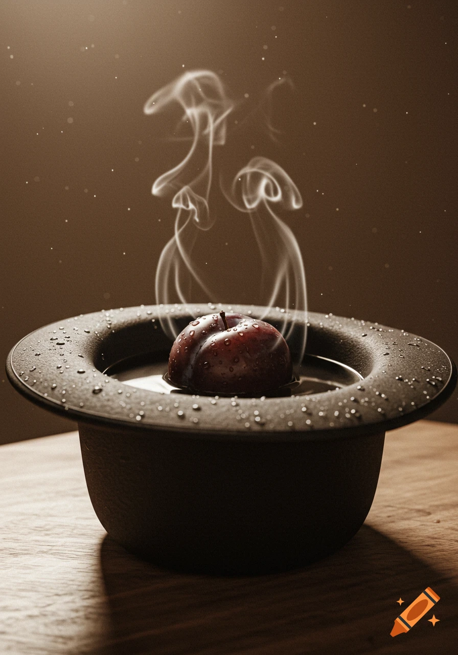 A photorealistic plum floats in liquid inside a black bowler hat, with smoke and glowing particles rising in a warm, sepia-toned room.