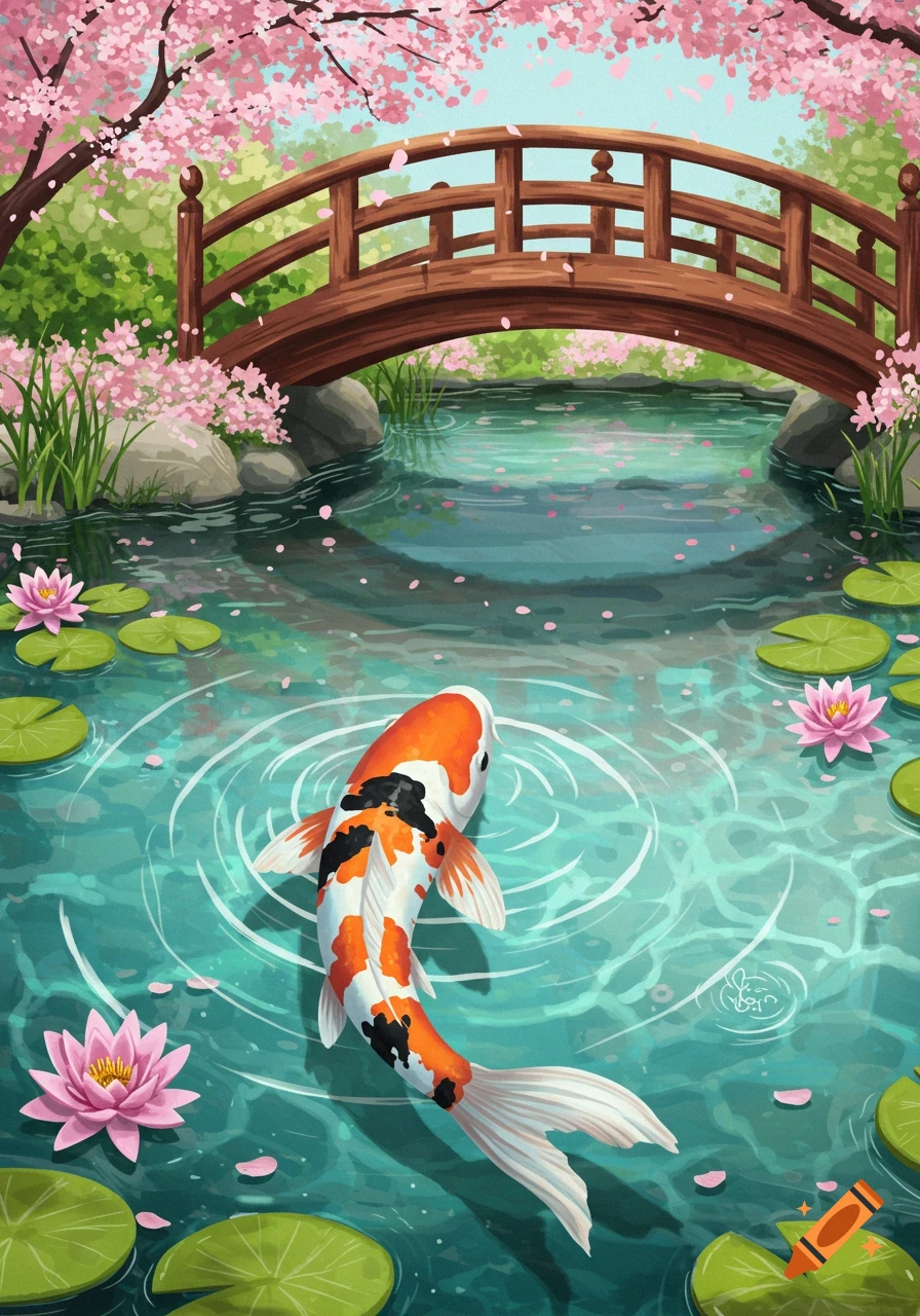 Illustrative scene of a koi fish swimming in a pond with lily pads, under a wooden bridge and pink cherry blossom trees.
