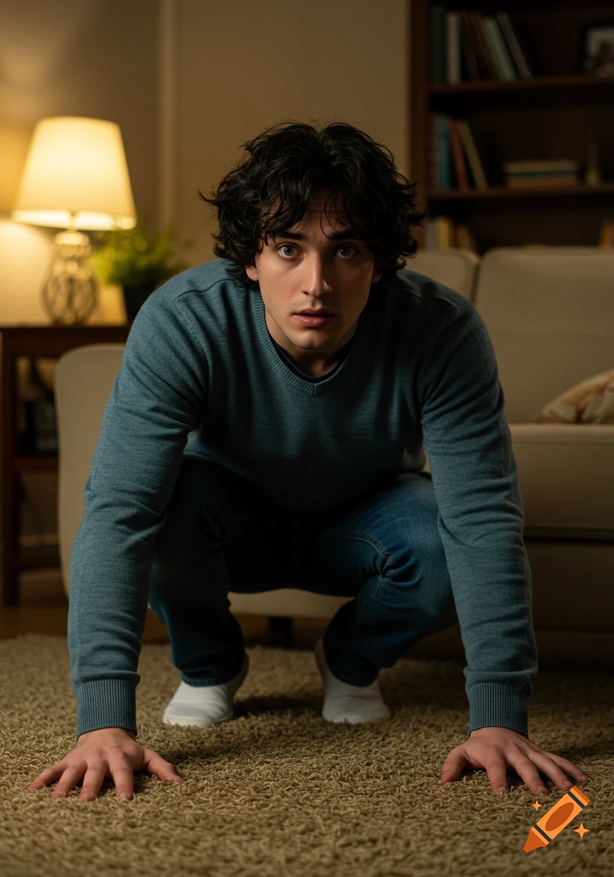 A young man with dark, messy hair and blue eyes crouches on a carpet in a dimly lit living room, looking hesitant and scared.