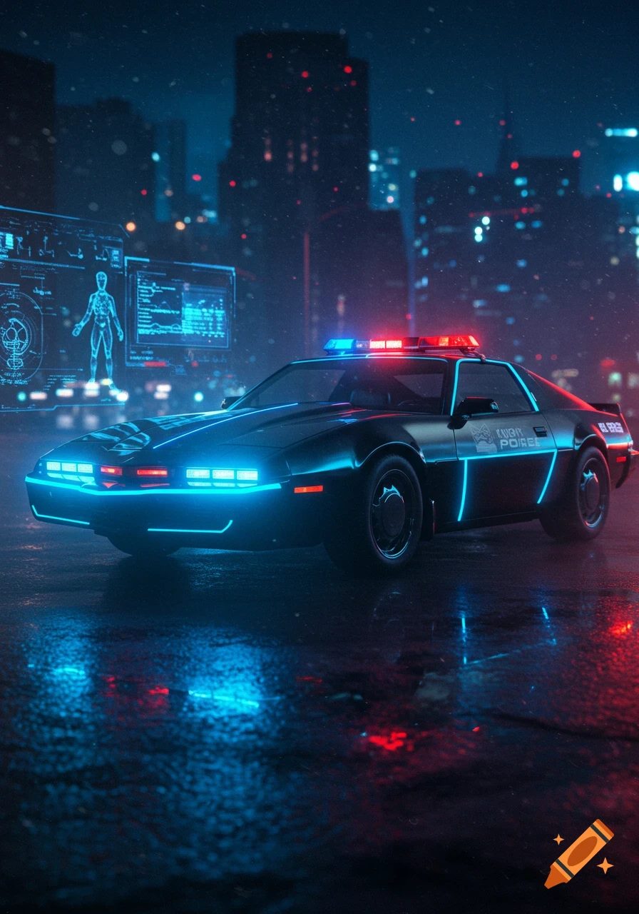 A futuristic police car with glowing blue and red neon lights parked on a wet street in a dark, rainy cyberpunk city at night.