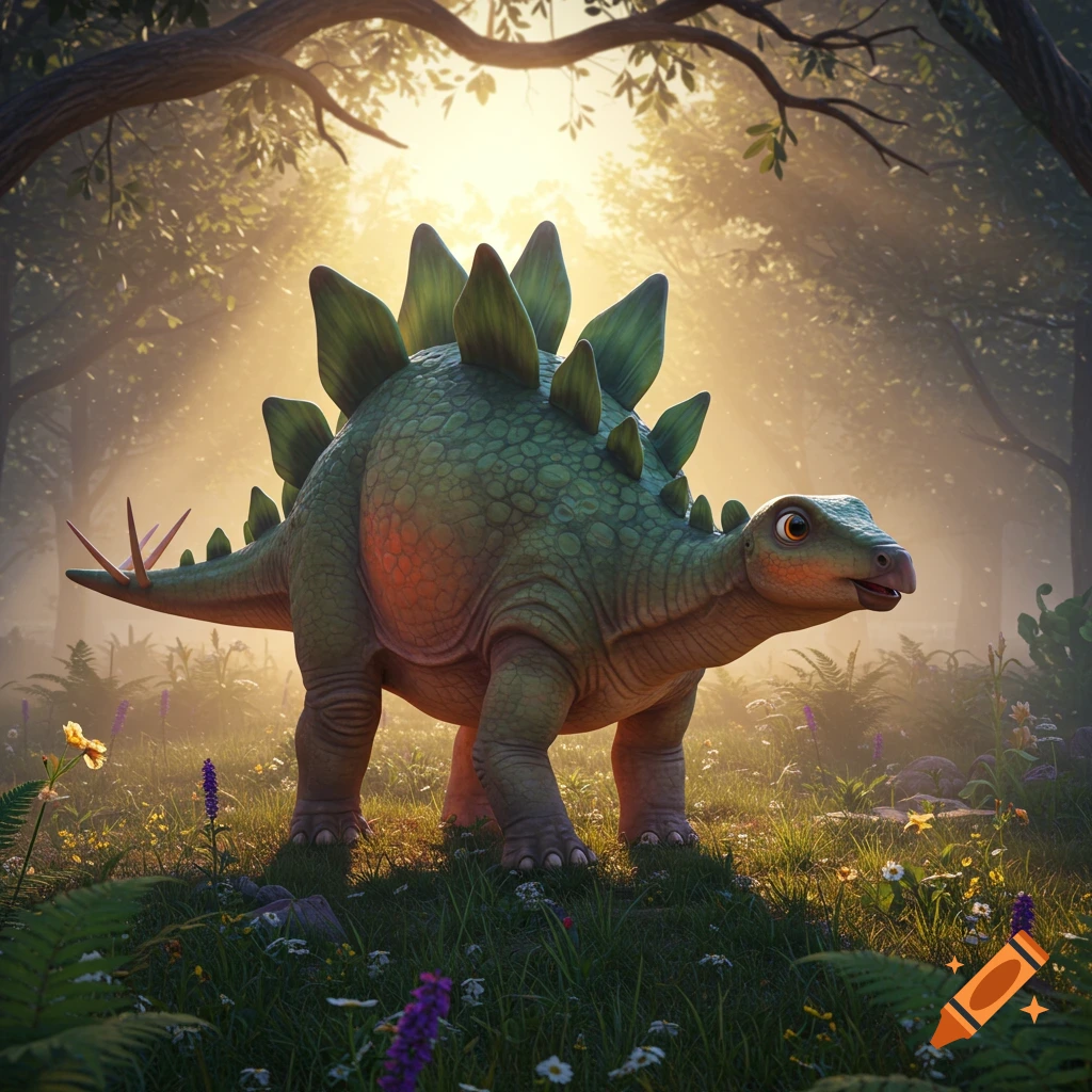 A friendly, realistic cartoon stegosaurus stands in a sunny forest clearing filled with green grass and wildflowers.