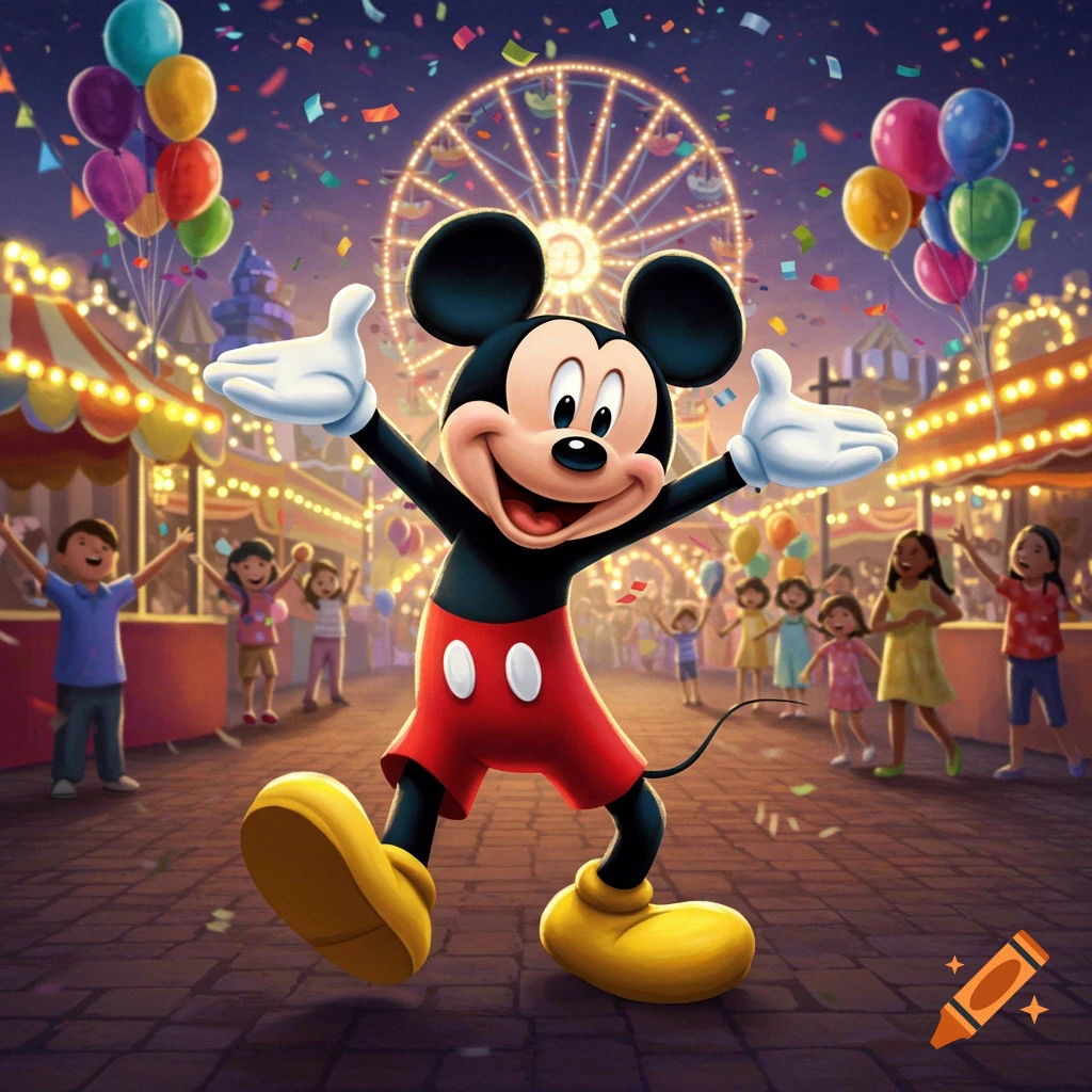 Mickey Mouse stands with arms open at a vibrant night carnival with a Ferris wheel, confetti, balloons, and happy children.