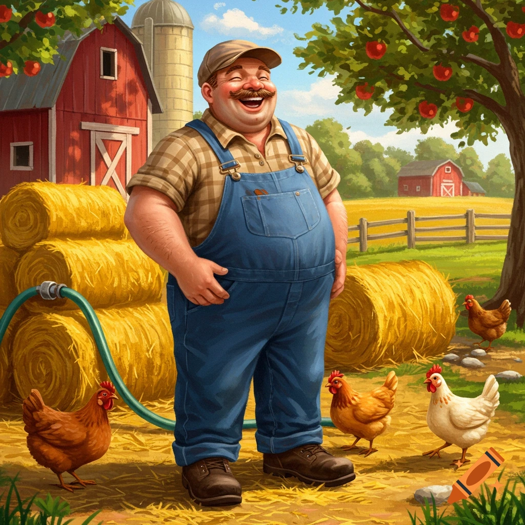 A cheerful, plump farmer in overalls laughs heartily on a sunny farm with chickens, hay bales, a barn, and an apple tree.
