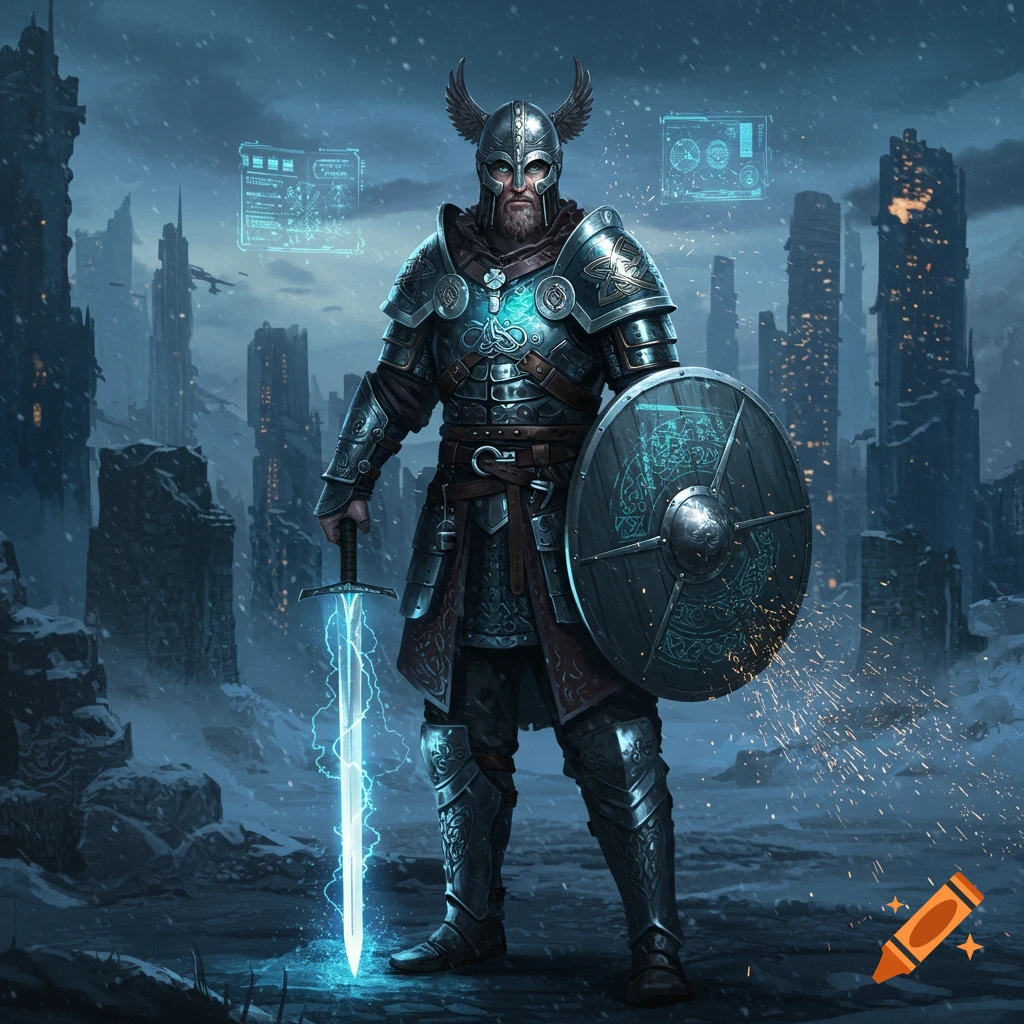 A futuristic Anglo-Saxon warrior in detailed armor holds a glowing sword and shield in a snowy, ruined city with holographic displays.