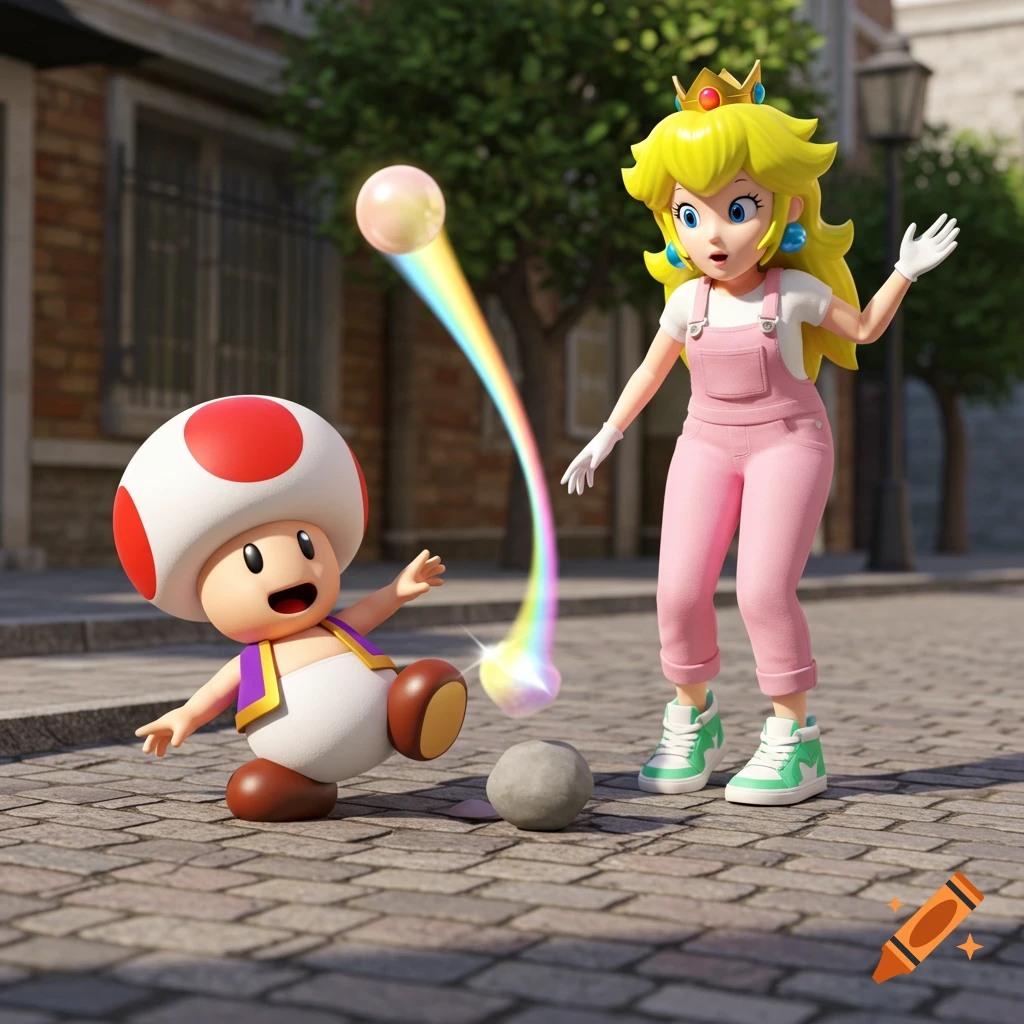 3D render of Toad tripping on a rock on a sidewalk, dropping a rainbow pearl, while Princess Peach watches in pink overalls.
