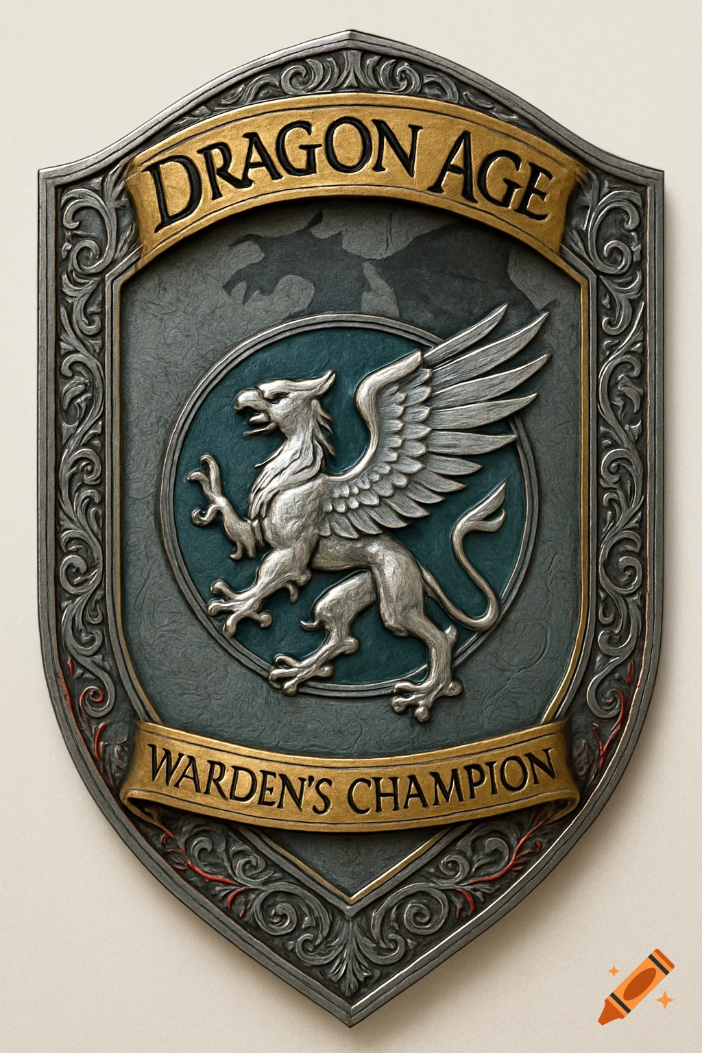 A detailed medieval-style shield with a silver griffon emblem, gold banners reading 'DRAGON AGE' and 'WARDEN'S CHAMPION', and ornate silver and dark teal background.