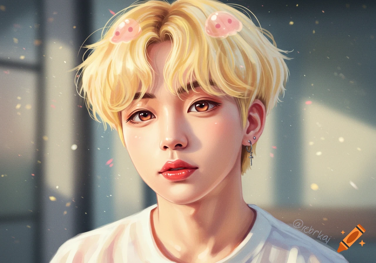 Digital art portrait of a young Korean man with pale skin, fluffy blonde hair, two pink jellyfish hair clips, large brown eyes, and red lips.